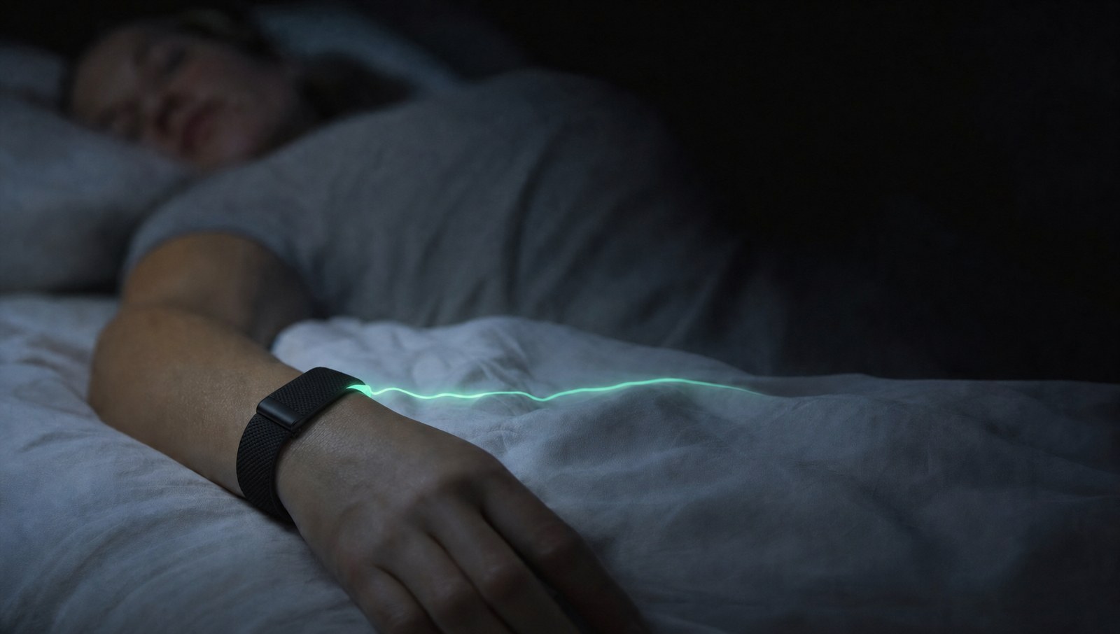 A sleeping woman wearing the band, a green plotted line of light running along the sheets