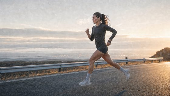 The same runner at full airborne stride cresting the hill in first light