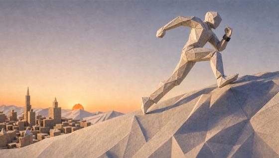 The refolded paper athlete springing off at dawn